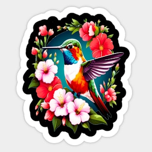 Cute Ruby Throated Hummingbird Surrounded by Spring Flowers Sticker